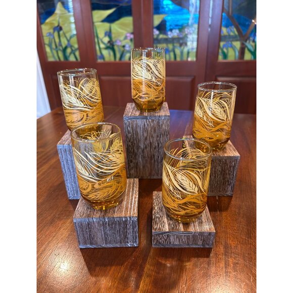 Anchor Hocking Amber Wheat Patterned Mid Century Juice Glasses. - Picture 5 of 10